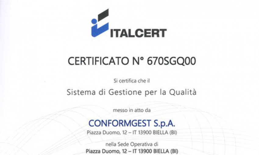 ConformGest ottiene la Certificazione ITALCERT UNI EN ISO 9001-2015